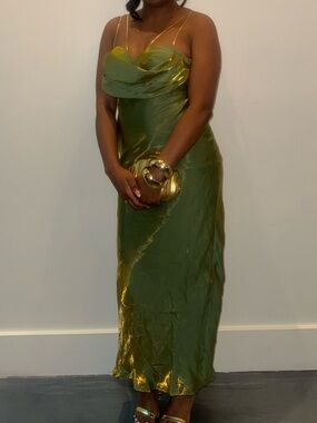 JLUXLABEL Olive Green Satin Slip Gown with Cowl Neckline